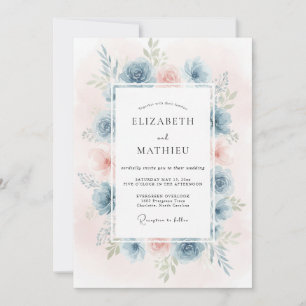 Convite Casamento Aquarela Azul Centáurea Rosa