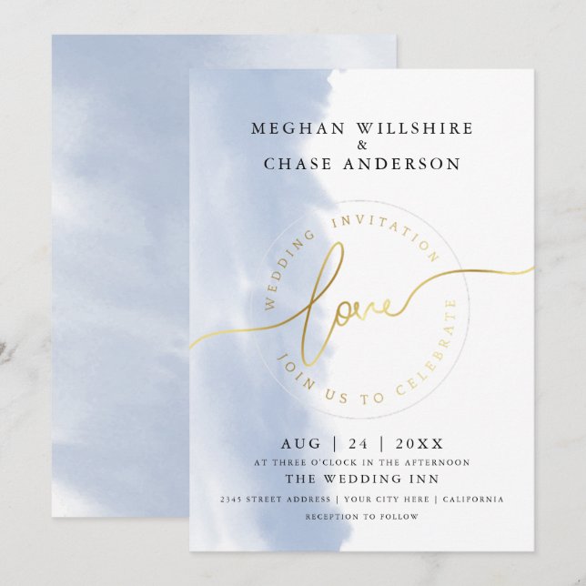 Convite CASAMENTO |  Aquarela Azul Empoeirado  (Frente/Verso)