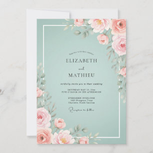 Convite Casamento Aquarela Azul Espuma e Rosado