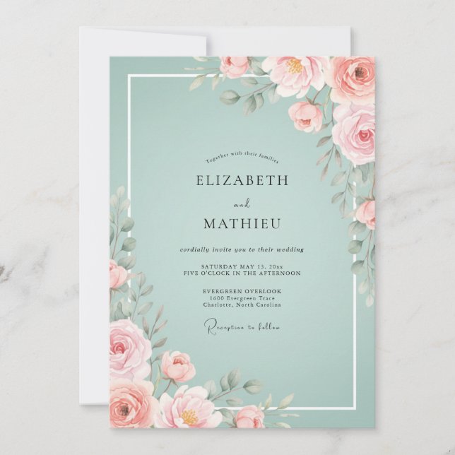 Convite Casamento Aquarela Azul Espuma e Rosado (Frente)