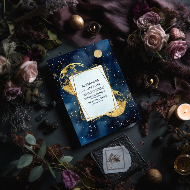 Convite Casamento Aquarela Azul Meia-Noite Místico e Doura (Criador carregado)