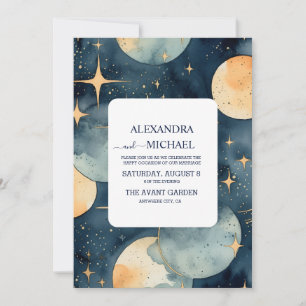 Convite Casamento Aquarela Azul Mystic Midnight e Dourado