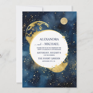 Convite Casamento Aquarela Azul Mystic Midnight e Dourado