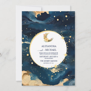 Convite Casamento Aquarela Azul Mystic Midnight e Dourado