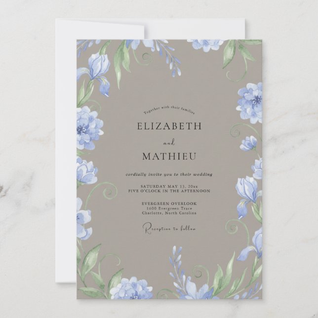 Convite Casamento Aquarela Azul-Pervinca Bege (Frente)