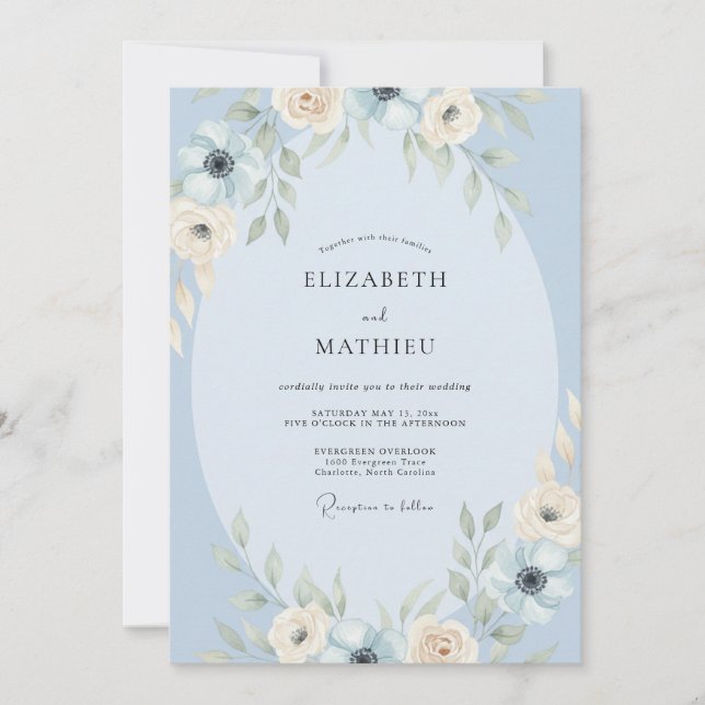 Convite Casamento Aquarela Azul Pó (Frente)