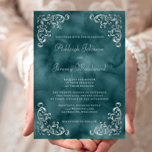 Convite Casamento Aquarela Azul Teal Prata Vintage