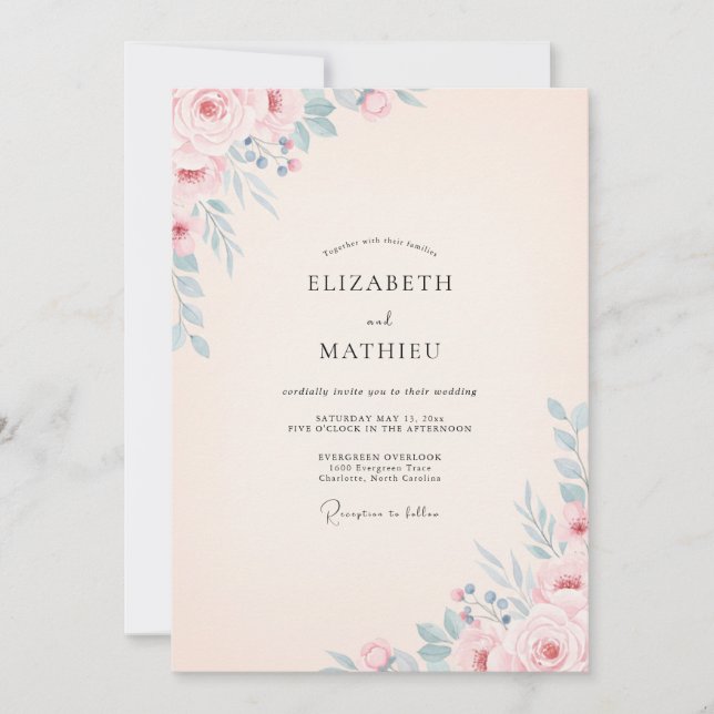 Convite Casamento Aquarela Botânica Azul Rosa (Frente)