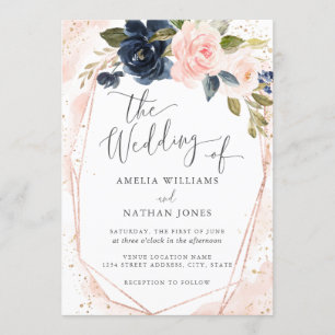 Convite Casamento Aquarela Botânica Rosa Dourado Marinho