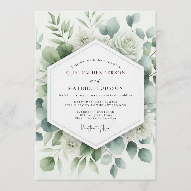 Convite Casamento Aquarela Botânica Sage (Frente)