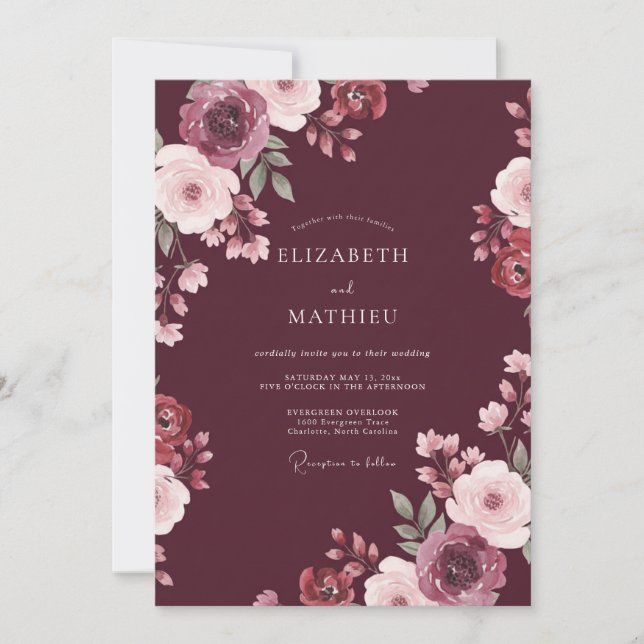 Convite Casamento Aquarela Botânica Vinho (Frente)