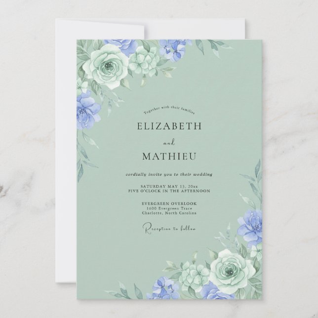 Convite Casamento Aquarela Celadon e Periwinkle (Frente)