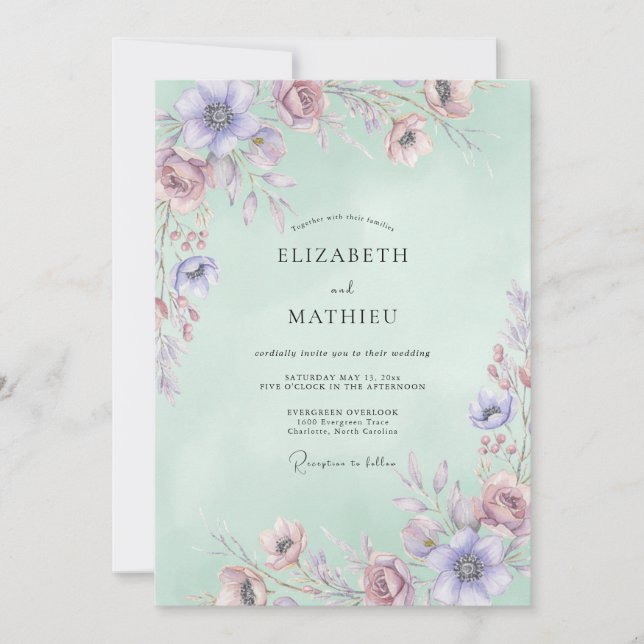 Convite Casamento Aquarela Celadon Malva (Frente)