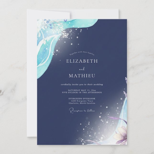 Convite Casamento Aquarela Celestial Azul-Navy (Frente)