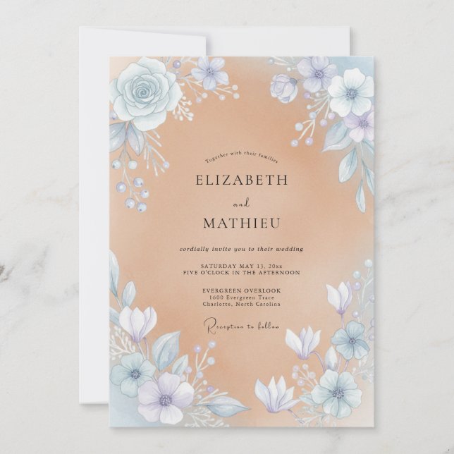 Convite Casamento Aquarela Champanhe e Periwinkle (Frente)