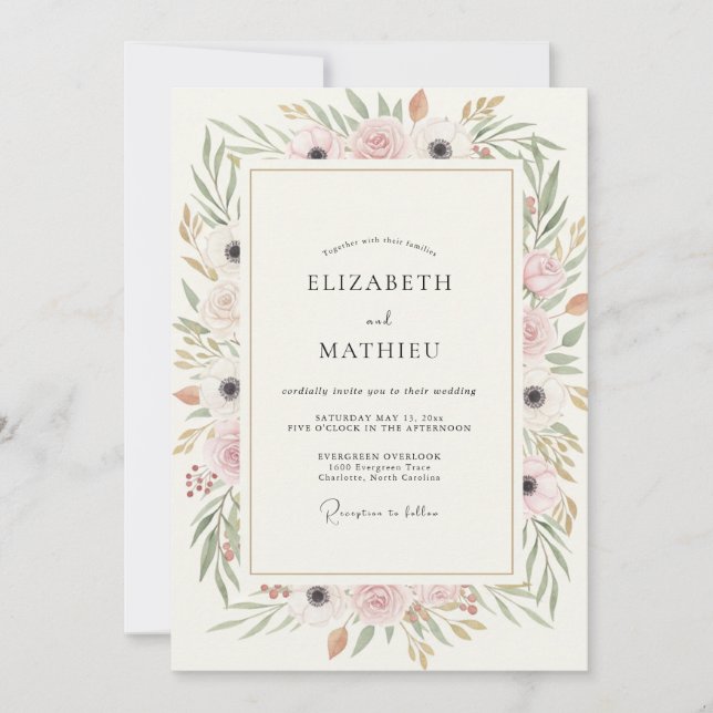 Convite Casamento Aquarela Champanhe Rosado (Frente)
