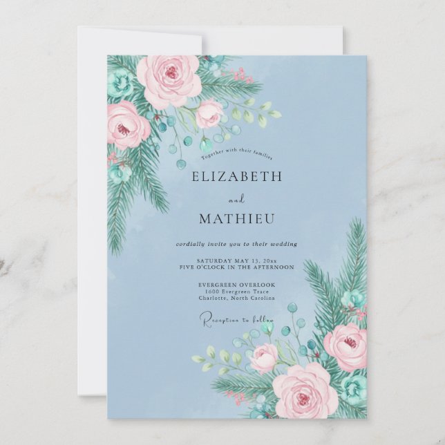 Convite Casamento Aquarela com Água de Pinheiro e Rosa (Frente)