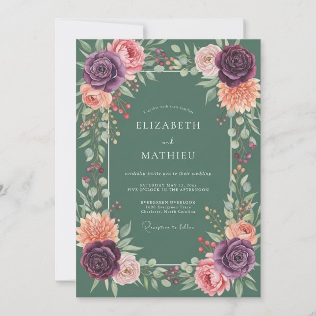 Convite Casamento Aquarela com Ameixa e Salvia (Frente)