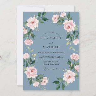 Convite Casamento Aquarela com Bege e Azul Aço