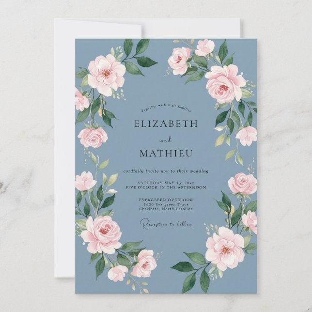 Convite Casamento Aquarela com Bege e Azul Aço (Frente)