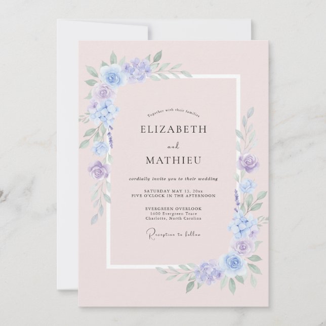 Convite Casamento Aquarela com Bege e Azul-margarida (Frente)