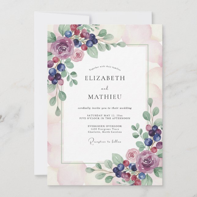 Convite Casamento Aquarela com Frutas Roxas (Frente)