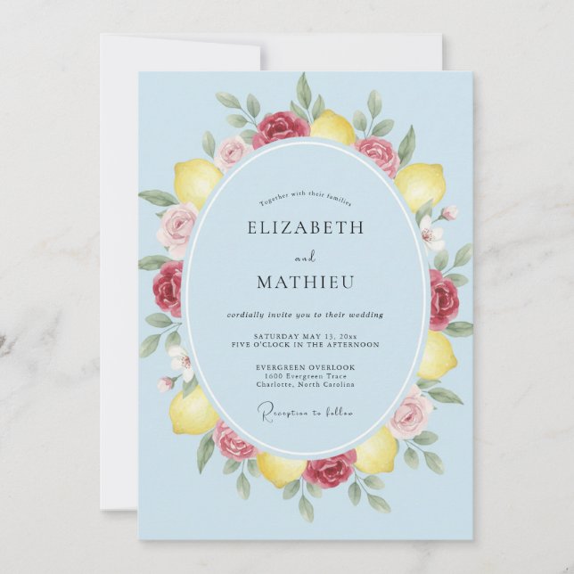 Convite Casamento Aquarela com Limão Azul (Frente)