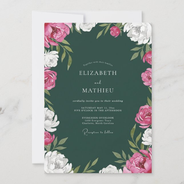 Convite Casamento Aquarela com Peônia Verde Esmeralda (Frente)