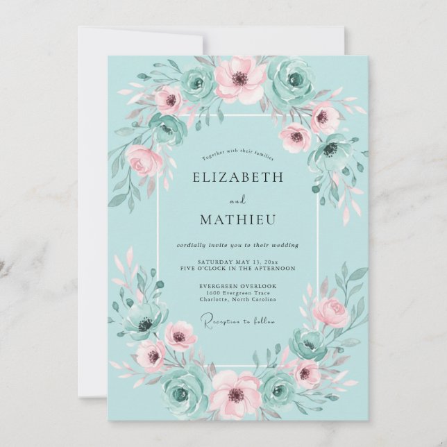 Convite Casamento Aquarela com Rosa Aqua (Frente)