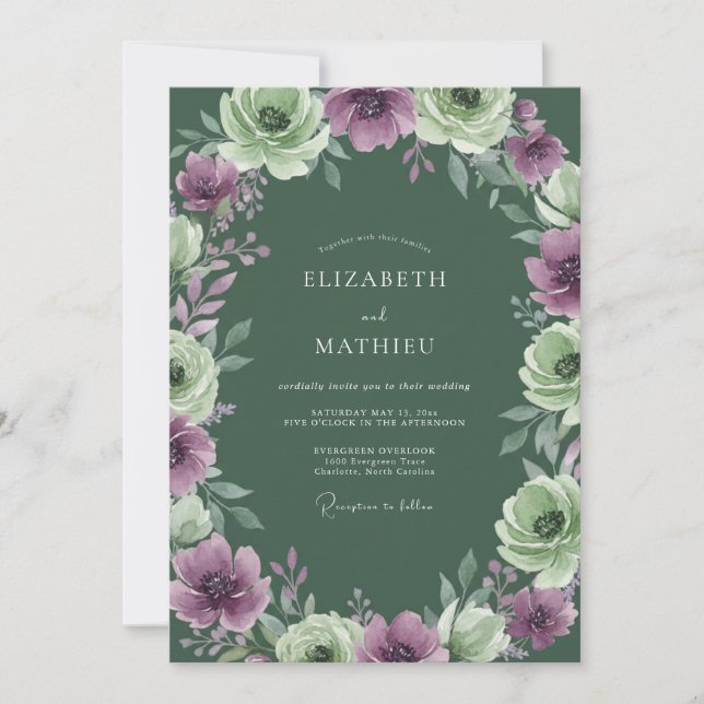 Convite Casamento Aquarela com Sage Roxo (Frente)