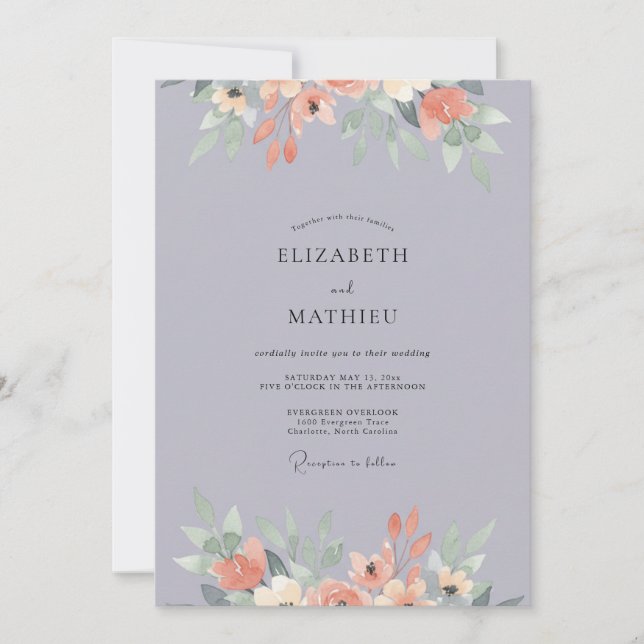 Convite Casamento Aquarela com Tons de Damasco Rosa-Malva (Frente)