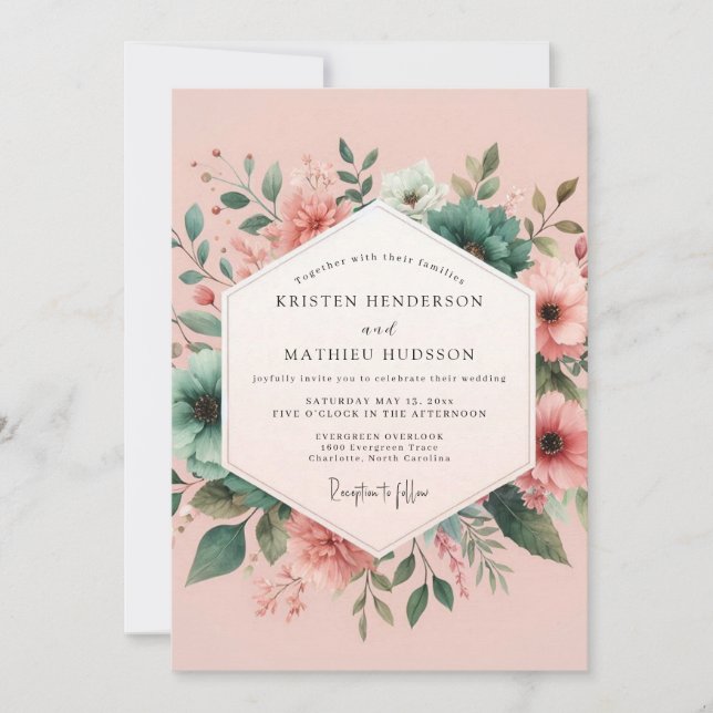 Convite Casamento Aquarela com Toque de Rosa e Verde Turqu (Frente)
