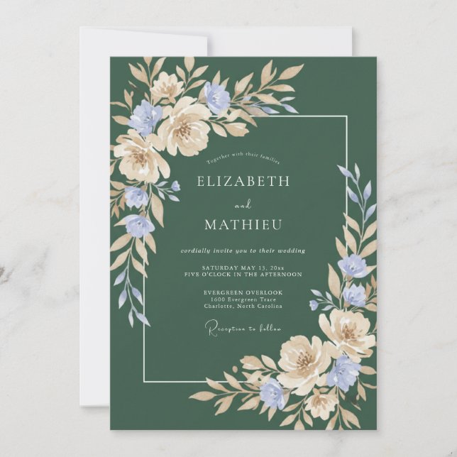Convite Casamento Aquarela com Verde Esmeralda e Periwinkl (Frente)
