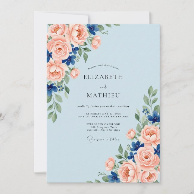 Convite Casamento Aquarela Coral Azure (Frente)