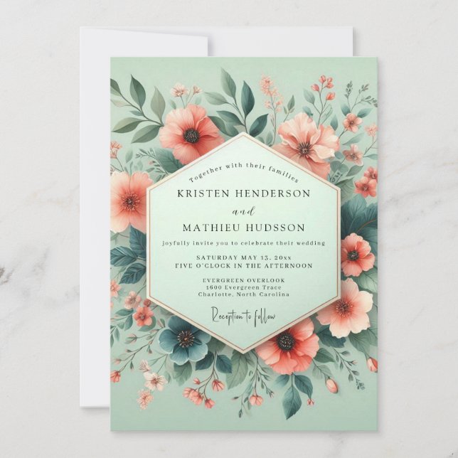 Convite Casamento Aquarela Coral Mint em Flor (Frente)