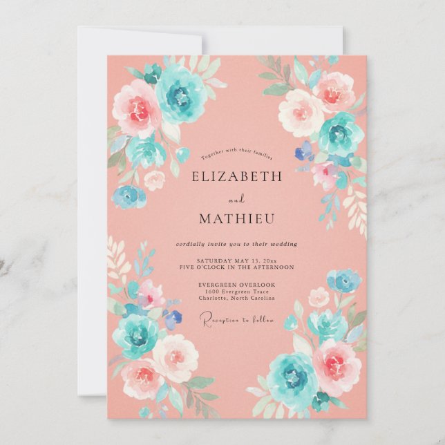 Convite Casamento Aquarela Coral Turquesa (Frente)