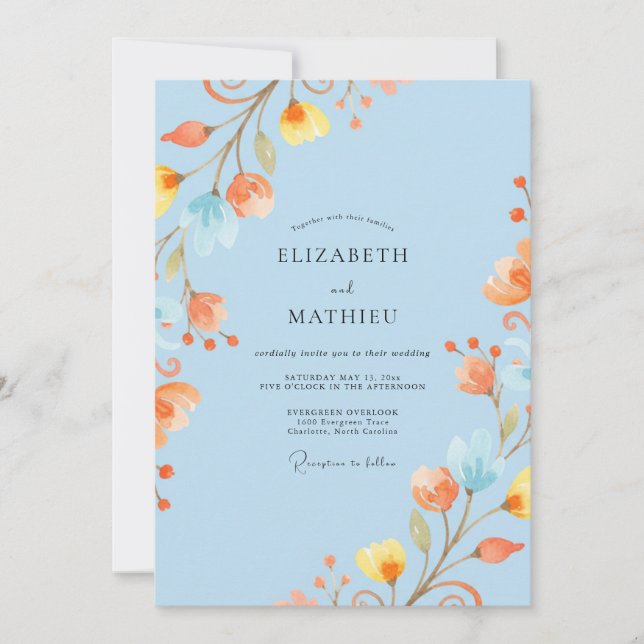 Convite Casamento Aquarela Damasco Celeste (Frente)