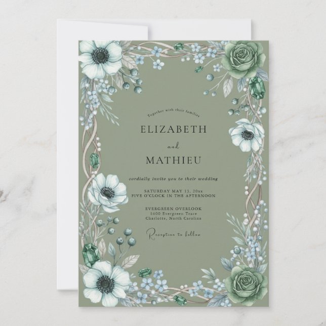 Convite Casamento Aquarela de Anêmona Oliva (Frente)
