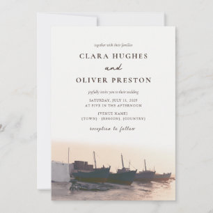 Convite Casamento Aquarela de Barco de Pesca no Porto das