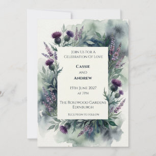 Convite Casamento Aquarela de Cardo Roxo Temperamental com