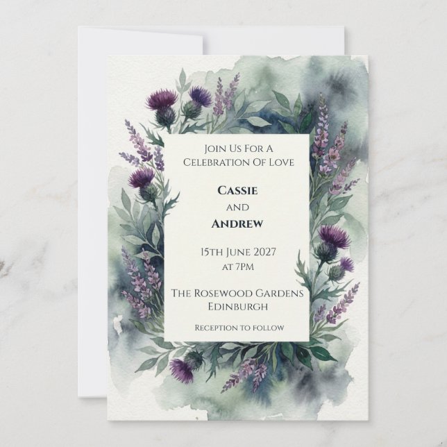 Convite Casamento Aquarela de Cardo Roxo Temperamental com (Frente)
