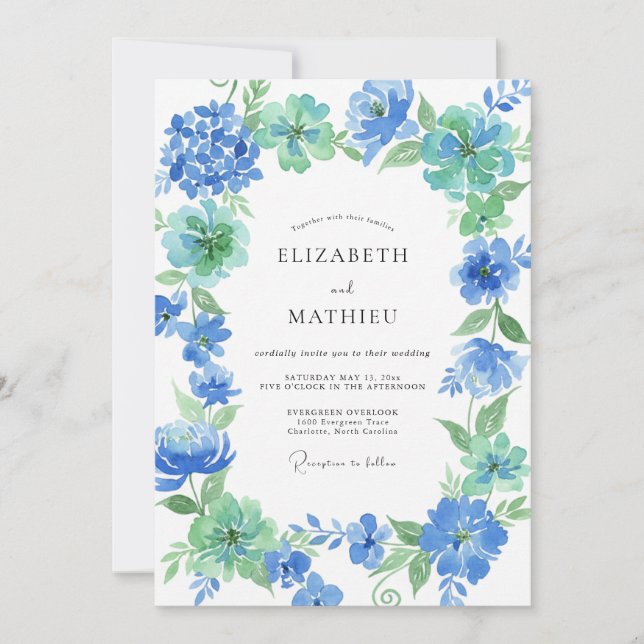 Convite Casamento Aquarela de Centáurea e Hortelã (Frente)