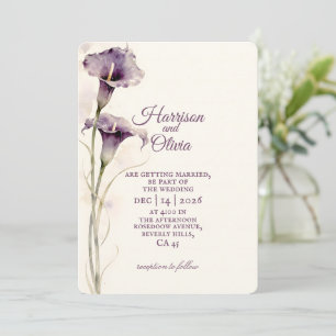 Convite Casamento aquarela de Lírio-de-Calla Roxo Minimali