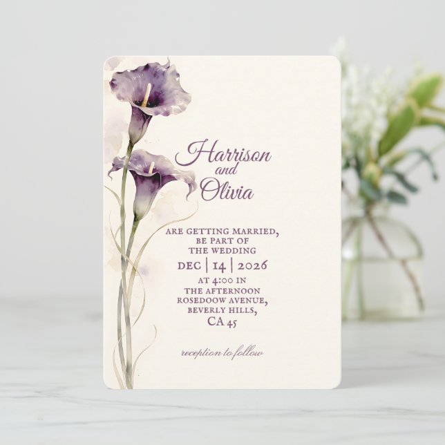 Convite Casamento aquarela de Lírio-de-Calla Roxo Minimali (Em pé/Frente)