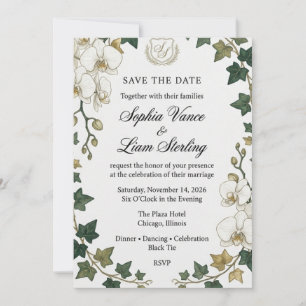 Convite Casamento Aquarela de Orquídea Branca e Hera Verde