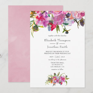Convite Casamento Aquarela de Peônias Rosa Antigo