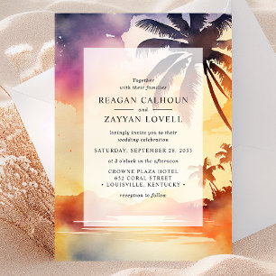 Convite Casamento Aquarela do Pôr do Sol em Palms Sussurra