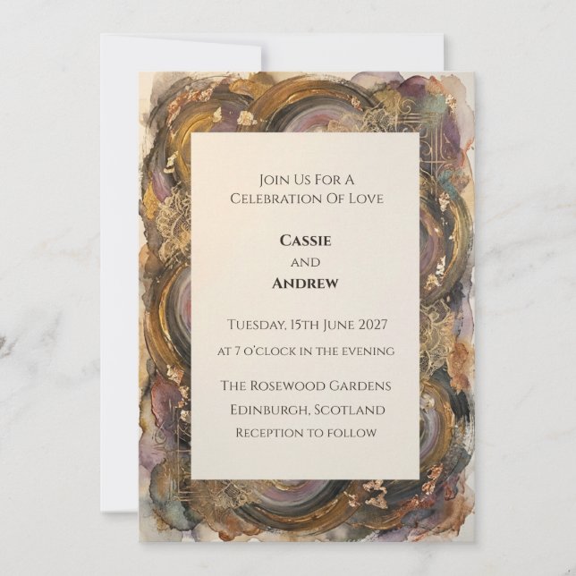 Convite Casamento Aquarela Dourada Geodo Ágata Rústica (Frente)