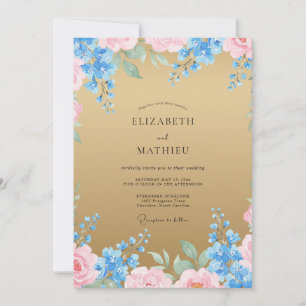 Convite Casamento Aquarela Dourado Azul-Celeste