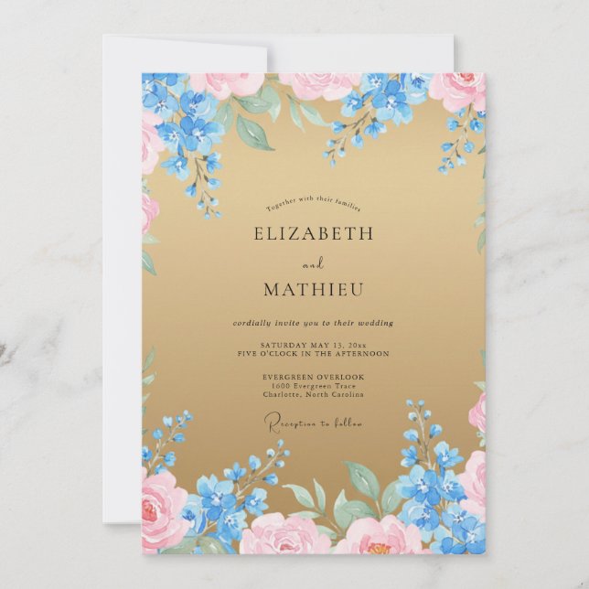 Convite Casamento Aquarela Dourado Azul-Celeste (Frente)